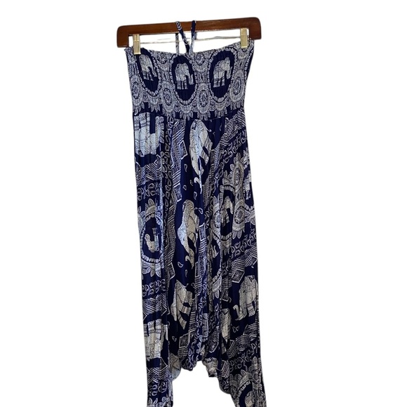 Bohemian Harem Yoga Drop Crotch Cotton  Blue Elephant print romper / jumpsuit - Picture 3 of 12